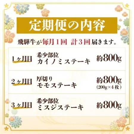 【毎月定期便】飛騨牛ステーキ定期便　計約2.4kg【冷蔵便】全3回_肉 ステーキ 牛肉 ビーフステーキ  定期便 定期便  _【配送不可地域：離島】【4055870】