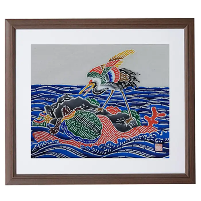 千葉県指定伝統的工芸品「萬祝染」額 四つ切りサイズ（立ち鶴・亀）[0050-0094]