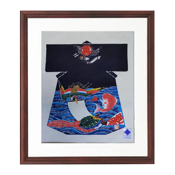 千葉県指定伝統的工芸品「萬祝染」額 半切りサイズ（鶴亀鯛）[0085-0001]