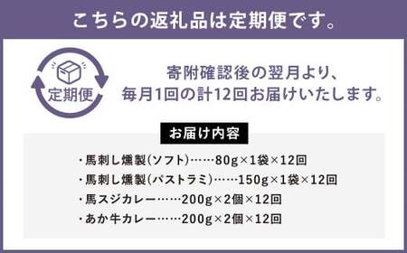 【12ヶ月定期便】ご当地グルメ! 馬刺し燻製2種と馬スジ・あか牛カレーのセット 4種 全6袋セット カレー ご当地カレー