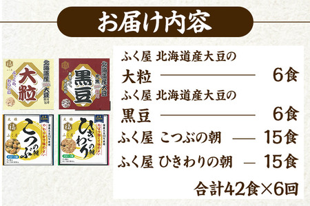 《定期便6ヶ月》ふく屋 納豆4種セット(大粒・黒豆・こつぶ・ひきわり)  計42食入(大粒・黒豆×各6食／こつぶ・ひきわり×各15食)