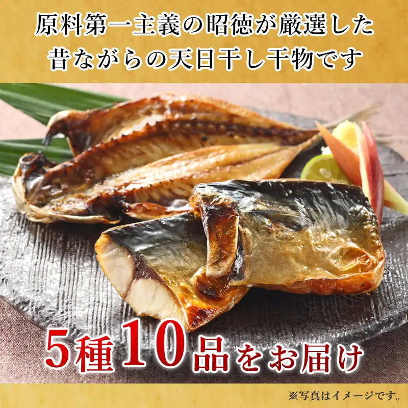 昭徳の天日干し 1枚60g~180g全10枚でお届けします 真あじ開き60g×4枚 真さば片身90g×2枚 かます開き80g×2枚 連子鯛開き180g×1枚 剣先いか開き70g×1枚 おかず ギフト