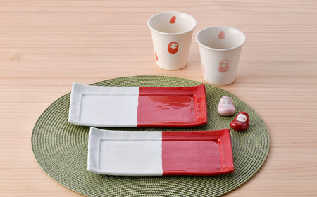 【波佐見焼】皿・箸置・カップ 紅白だるま柄 ペア3点セット【協立陶器/福田陶器店】[NB131]