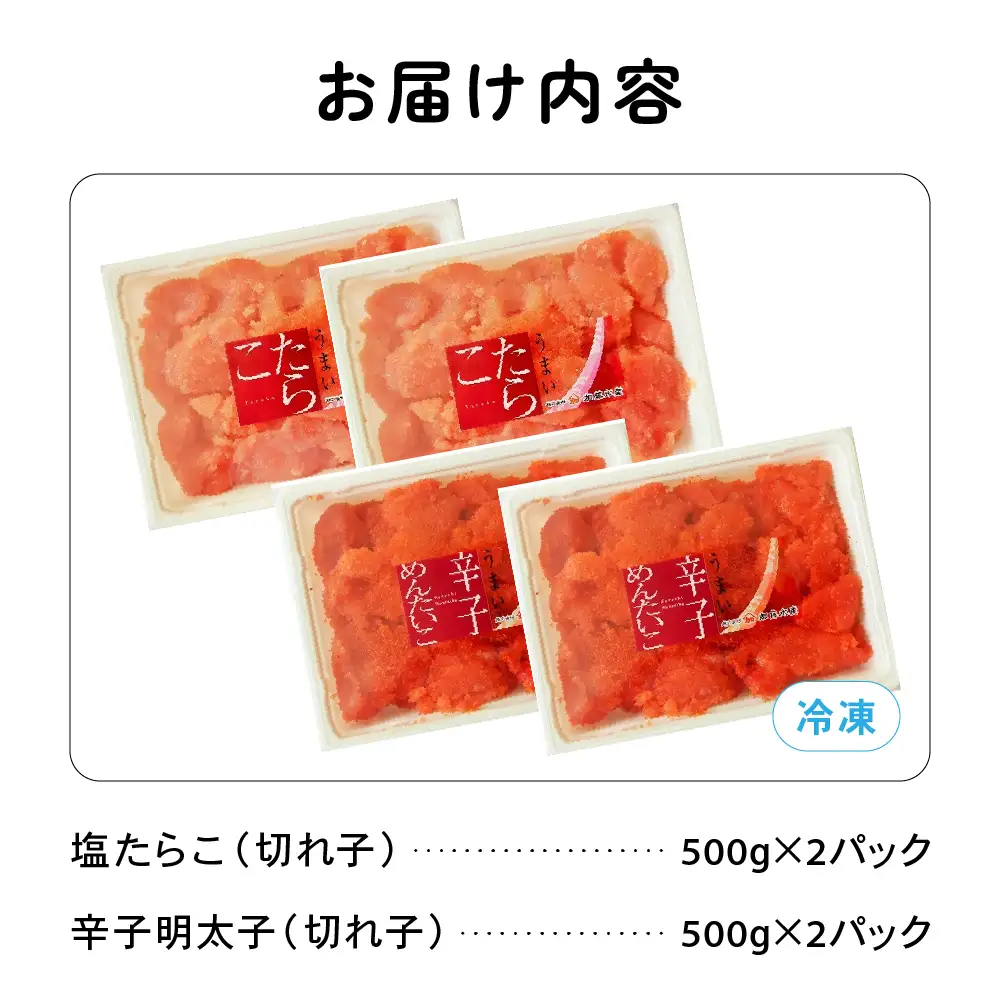 訳あり 塩たらこ･辛子明太子（500g×各2パック） 切子セット　バラ子 切れ子 たらこ 明太子