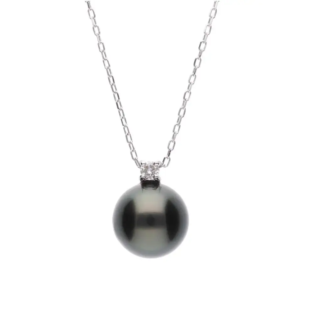 ブラックパール（タヒチ 黒蝶真珠） 8.0mm ダイヤモンド Pt900 プラチナ ペンダント ネックレス（チェーン付き）