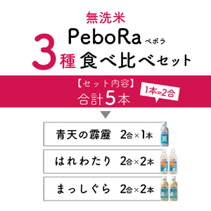 無洗米　青森県産　人気のお米（青天の霹靂、まっしぐら、はれわたり）食べ比べセット（精米・Pebora２合×５本）