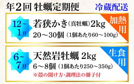 【定期便】【年2回】若狭の天然岩牡蠣（生食用）と若狭小浜ブランド 若狭かき（加熱用）2kg×2回 計4kg [BFAO014] 【配送不可地域：北海道・沖縄・離島】 