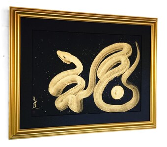 現代水墨画家 絵師白道「一筆金福蛇」｜絵画 アート インテリア 手描き 一筆 龍 日本画 現代アート ハンドメイド作品 水墨画 かっこいい 作品 縁起 風水 芸術 2025年 巳年 へび 蛇 干支