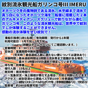24-122 ガリンコ号3 IMERU 冬期運航 流氷クルーズ乗船券（3施設入場券セット）