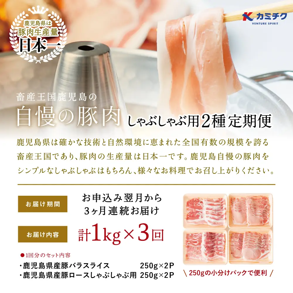 【定期便 全3回】カミチクのしゃぶしゃぶ用 豚肉 2種類 計1kg×3回 ～鹿児島県産 ロース ＆ バラ 合計3kg 豚肉 ローススライス バラスライス 豚バラ しゃぶしゃぶ グルメ 小分け 冷凍 カミチク 南さつま市