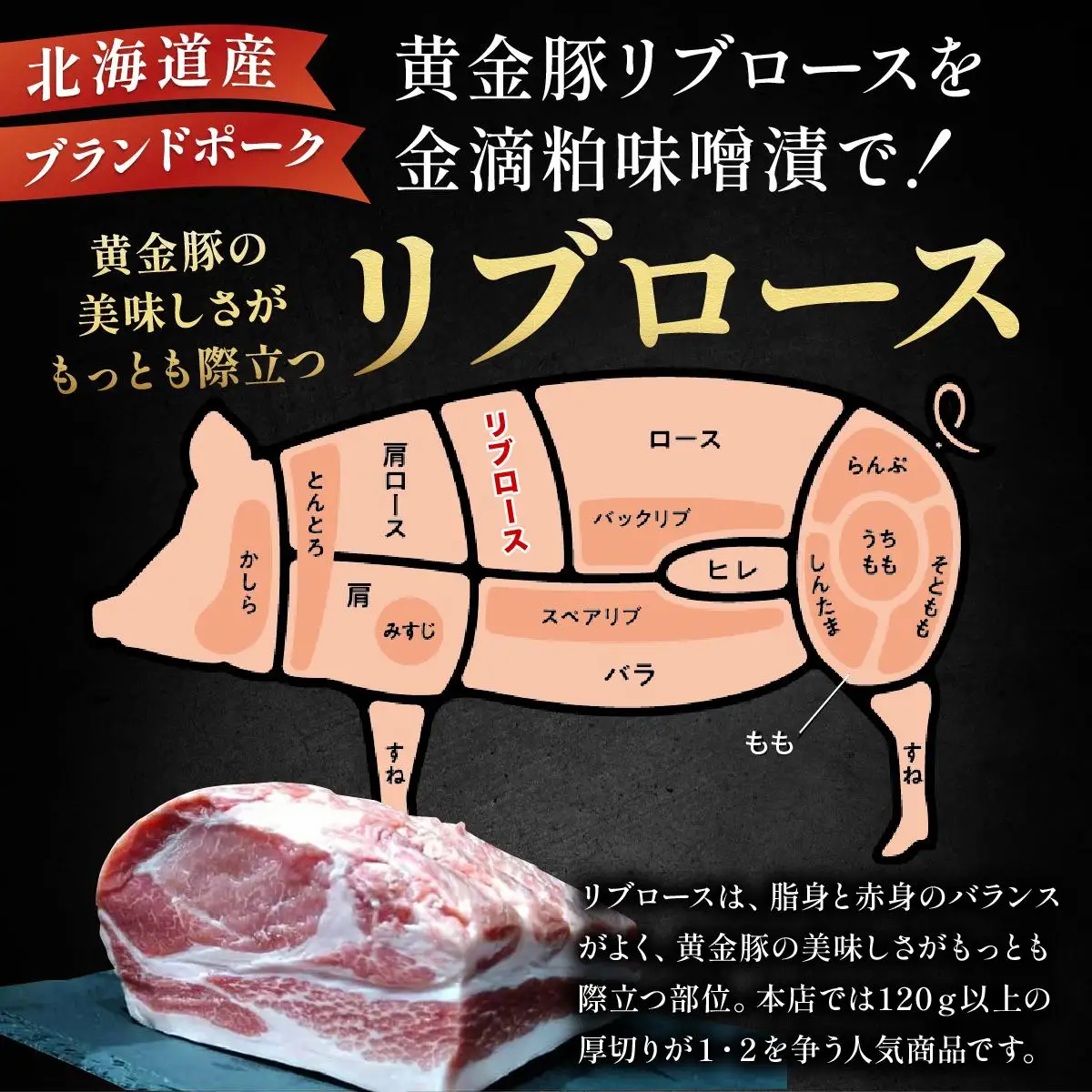 [5525-1087]北海道 伊達 黄金豚 リブロース 金滴 粕味噌漬 168g×3パック（計504g） 小分け 真空 お肉 豚肉