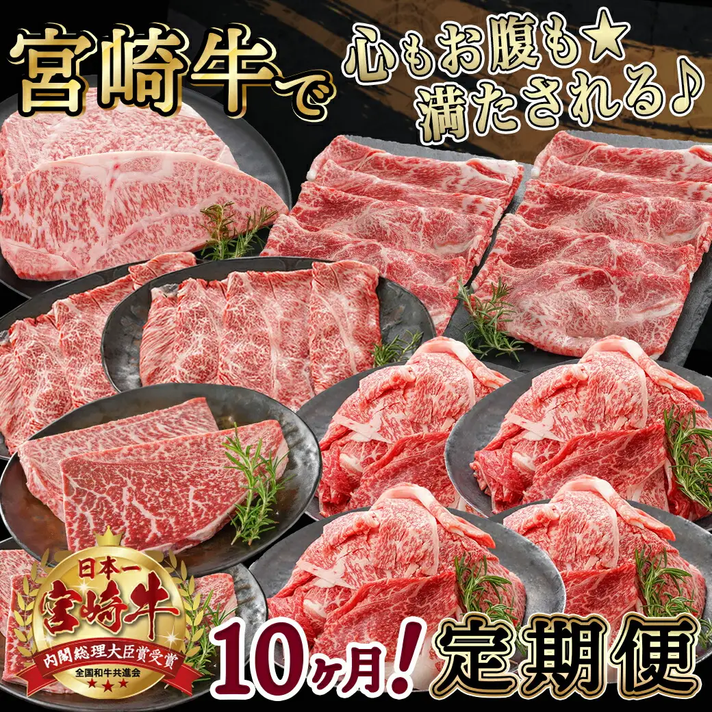 心もお腹も満たされる♪宮崎牛定期便(10ヶ月)〔T140-10-6501〕_(都城市) 宮崎牛 肩ローススライス/うで・ももスライス/切落しスライス/ロースステーキ/モモステーキ/ 10ヶ月連続でお届け 定期便