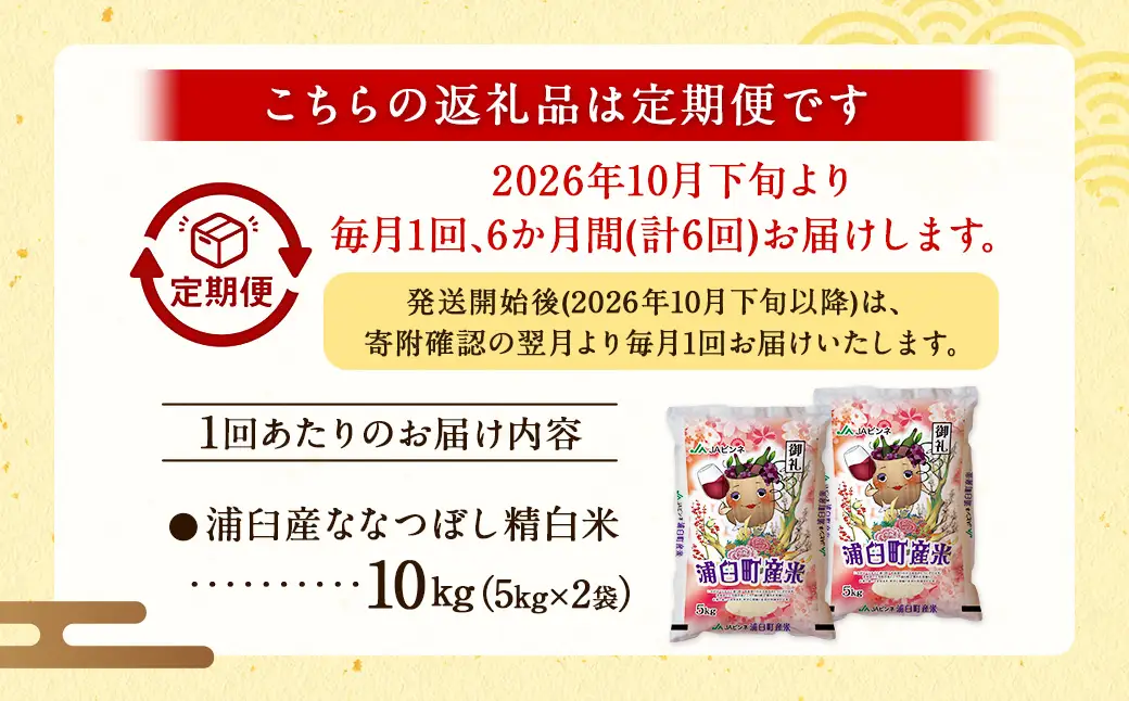 【6回定期便】＜令和8年産＞浦臼産ななつぼし 精白米 10kg（5kg×2袋） | 米 お米 こめ コメ ブランド米 白米 精米 ごはん ななつぼし 定期 定期便 北海道産 浦臼産 北海道 浦臼町 【2026年10月下旬より順次発送】