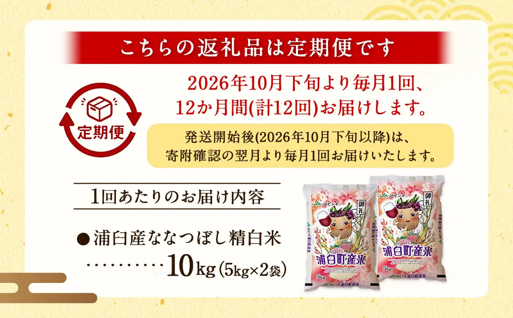 【12回定期便】＜令和8年産＞浦臼産ななつぼし 精白米 10kg（5kg×2袋） | 米 お米 こめ コメ ブランド米 白米 精米 ごはん ななつぼし 定期 定期便 北海道産 浦臼産 北海道 浦臼町 【2026年10月下旬より順次発送】