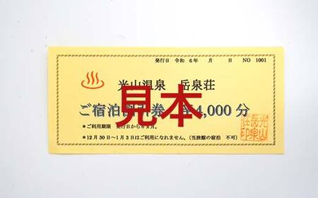 光山温泉 岳泉荘 宿泊割引券 4000円分 旅行 旅 温泉 ホテル 老舗 温泉宿 宿泊券 宿泊 旅行クーポン 商品券 三陸山田 岩手県 山田町 みちのく潮風トレイル YD-739