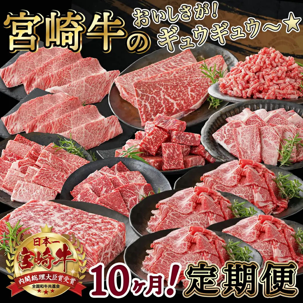 おいしさギュウギュウ♪宮崎牛定期便(10ヶ月)〔T190-10-6501〕_(都城市) 宮崎牛 霜降りすきしゃぶ/切り落とし＆挽肉セット/赤身3種セット/焼肉セット/モモステーキ＆サイコロステーキ 10ヶ月毎月お届け