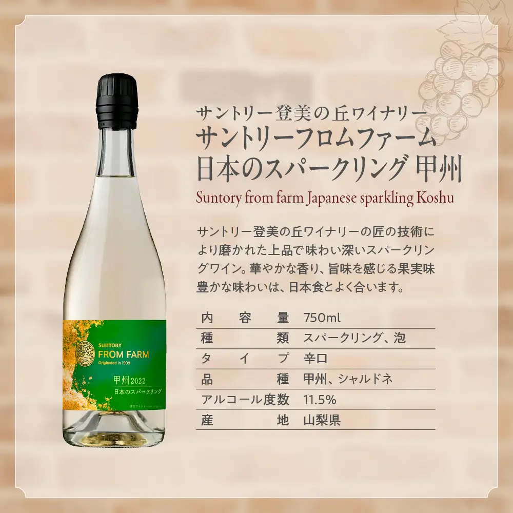 甲斐市産スパークリングワイン2本セット　ワイン 家飲み スパークリング 日本ワイン 山梨ワイン 定番 テーブルワイン お酒 SUNTORY 甲州 飲み比べ 山梨県 甲斐市 AD-296