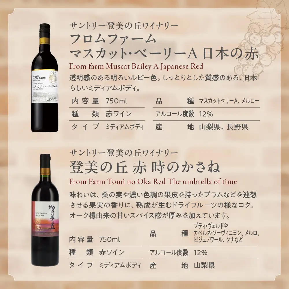 甲斐市産赤ワイン5本セット　家飲み 赤 日本ワイン 山梨ワイン 定番 テーブルワイン お酒 サントリー 甲州 飲み比べ 山梨県 甲斐市 AD-297