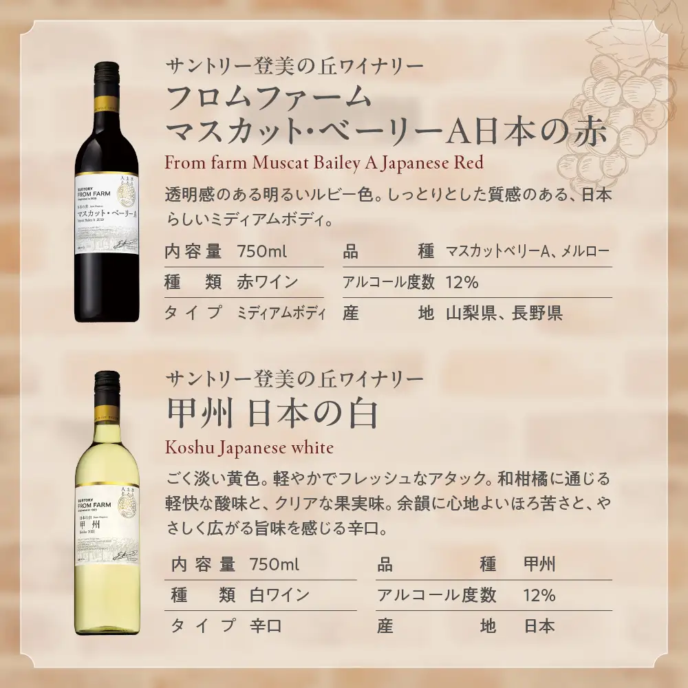 甲斐市産　たっぷり堪能！赤白ワイン12本セットワイン 家飲み 赤 白 日本ワイン 山梨ワイン 定番 テーブルワイン お酒 山梨 甲斐市 サントリー 甲州 飲み比べ 山梨県 甲斐市 AD-298