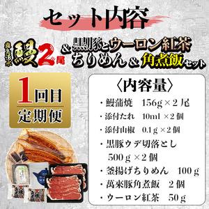 【定期便全３回】志布志を大満喫！食べ比べ福袋 総計４kg超 うなぎ 鰻 蒲焼き 6尾 鹿児島 黒豚 しゃぶしゃぶ 切り落とし ハンバーグ 冷凍 ウインナー 角煮 ちりめんじゃこ しらす 緑茶 紅茶 ウーロン茶 定期便 福袋 t0084-014