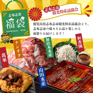 志布志市福袋！鰻とおかずいろいろセット(霧島湧水鰻2尾＆釜揚げちりめん＆黒豚ウデ切り落とし＆ウーロン紅茶＆角煮飯) ウナギ 蒲焼 2尾 バラエティ お楽しみ b8-041