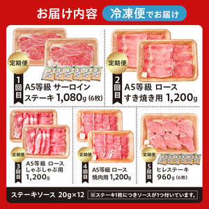 【定期便】『飛騨牛』贅沢食べ比べセットB※5回に分けてのお届けとなります。（サーロインステーキ1,080g・ロースすき焼き用1,200g・ロースしゃぶしゃぶ用1,200g・ロース焼肉用1,200g・ヒレステーキ960g）【0016-100】岐阜県 可児市 サーロイン ステーキ ロース すき焼き しゃぶしゃぶ 焼肉 ヒレステーキ A5等級 ブランド牛 和牛 ソース付き お取り寄せ グルメ