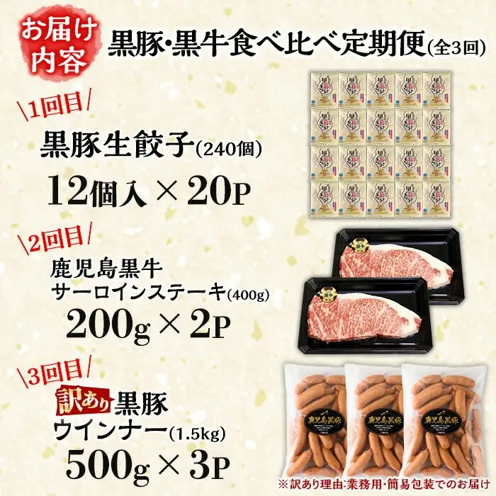 【3か月定期便】鹿児島黒豚（餃子とウインナー） と 鹿児島黒牛(ステーキ) の 食べ比べ 定期便 鹿児島県産 黒牛 黒豚 冷凍 で 毎月 お届け【00-008-31-TK】