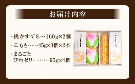こもも・桃かすてら・びわぜりー 詰合せ カステラ かすてら 桃かすてら お菓子 菓子 手作り ひな祭り お節句 桃の節句 ギフト 贈答 贈り物 長崎 スイーツ デザート 洋菓子 和菓子 和洋菓子 ゼリー びわ 枇杷 フルーツ 詰め合わせ お土産 白水堂 九州