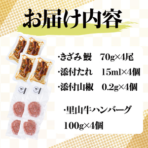 里山牛ハンバーグ＆きざみうなぎセット (総計680g以上) うなぎ 鰻 ウナギ 蒲焼き 真空パック うな丼 鰻重 牛 牛肉 鹿児島県産 国産 ハンバーグ 100% b0-188