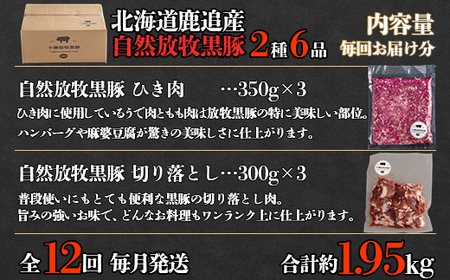 十勝鹿追町産自然放牧黒豚　ひき肉＆切り落としセット（1,950ｇ）定期便12カ月　【人気  北海道  送料無料 】SKN017