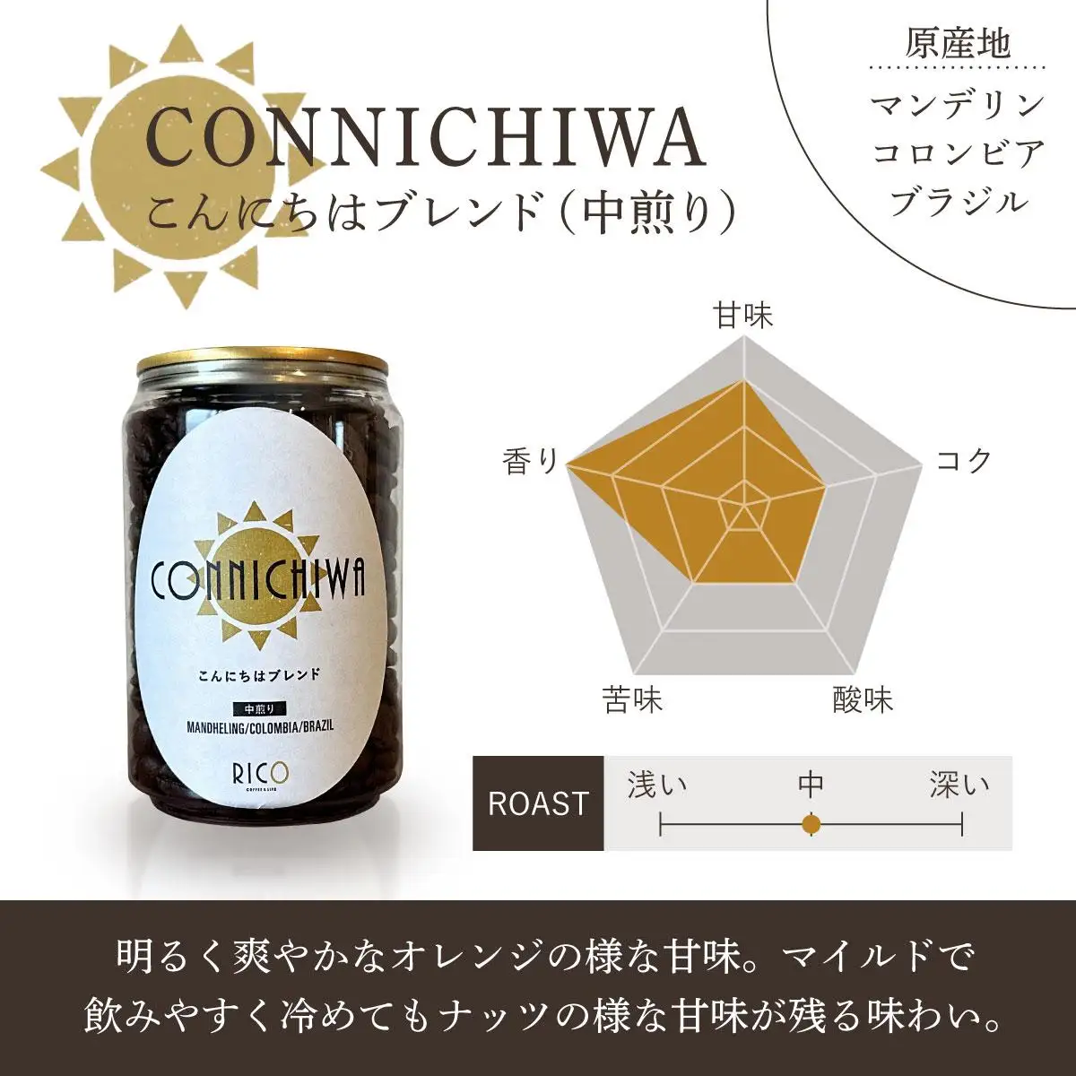 北海道岩見沢の『RICO CAFE』で提供中 有機栽培の生豆を焙煎した 「こんにちはブレンド」「こんばんはブレンド」の オリジナルコーヒーセット