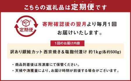 【定期便6か月】銀鮭カット 西京焼き＆塩?付漬け 約1kg（各 約500g）バラ冷凍 形不揃いのため訳あり 総量約6kg 銀鮭 鮭 西京漬け 塩麹 サケ シャケ サーモン 切身 魚 冷凍 焼き鮭 焼き魚 おかず 家庭用 定期便 熊本市