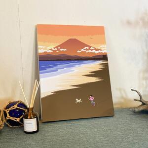 湘南・茅ヶ崎で描く、海を感じるイラストアート 『 湘南ランドスケープ11：湘南の富士と夕焼けの軌跡 』　キャンバスアートパネル（中） /絵画 風景 犬 猫