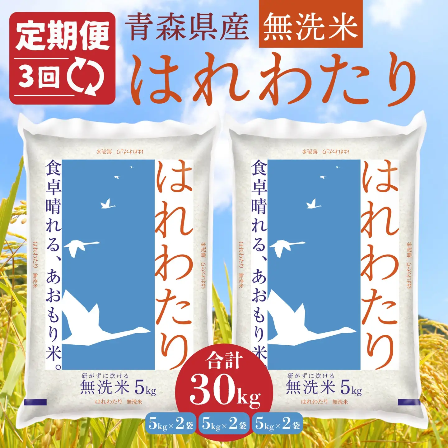 【3ヶ月定期便】青森県産 無洗米 はれわたり 10kg　