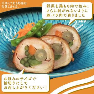 チキンロールロースト 約450g × 1本 冷凍 照り焼き 風味 鶏肉 豚バラ 人参 ごぼう 青菜 野菜 肉 てりやき にく チキン 鶏肉