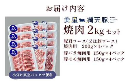 美星満天豚 焼肉 2.0kgセット（豚肩ロース又は豚ロース、豚バラ、豚モモ）小分け真空パック