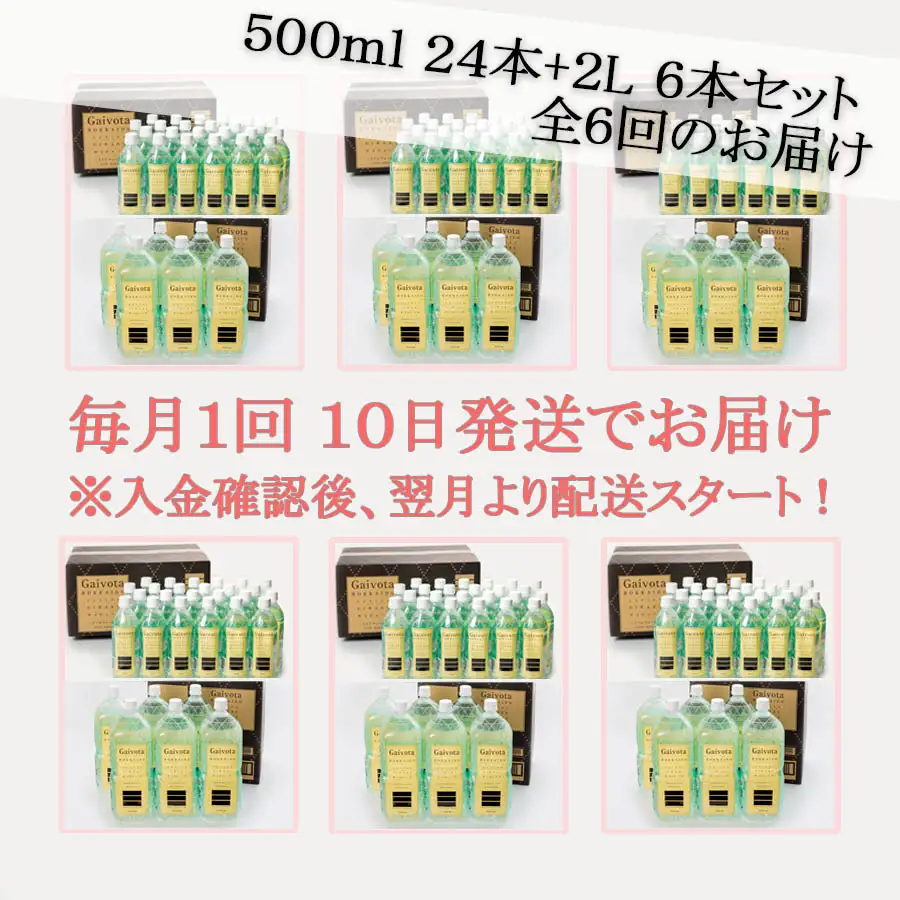 ＜定期便　Gaivota2箱（500ml×24本＋2L×6本）×６回分＞北のハイグレード食品 天然シリカ水 シリカ水 ミネラルウォーター シリカウォーター 軟水  北海道 乙部町 天然水 美容 ケイ素 無添加  シリカ ガイヴォータ 美肌 ミネラル リピーター 6か月 備蓄 災害用 非常用