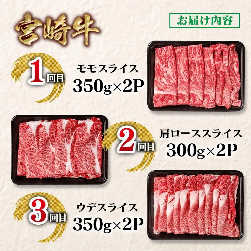 【定期便】宮崎牛 スライス 3回定期便 小分け すき焼き ブランド牛 A４～A5等級 内閣総理大臣賞4連覇＜58-8a＞Y