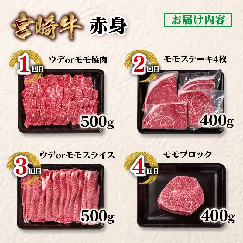 【定期便】宮崎牛  赤身4回定期便 焼肉・ステーキ・スライス・ブロック ブランド牛 A４～A5等級 内閣総理大臣賞4連覇＜58-44a＞