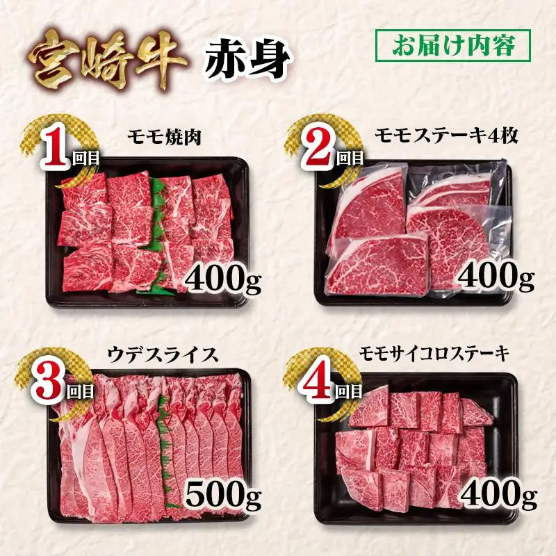 【定期便】宮崎牛  赤身4回定期便 焼肉・ステーキ・スライス ブランド牛 A４～A5等級 内閣総理大臣賞4連覇＜58-45a＞