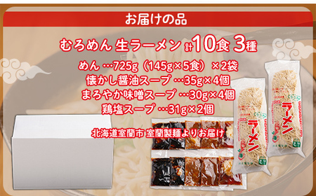 むろめん 生ラーメン10食 スープ付（懐かし醤油スープ4食、まろやか味噌スープ4食、鶏塩スープ2食） MROV011