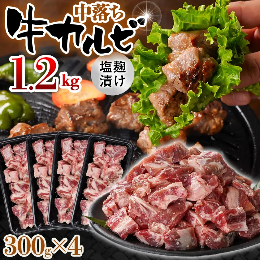 牛中落ちカルビ 塩麹タレ漬け1.2kg〔AAJ-33-020-1200g〕_(都城市)  味付き牛中落ちカルビ 300g×4パック 真空 小分け 1200g