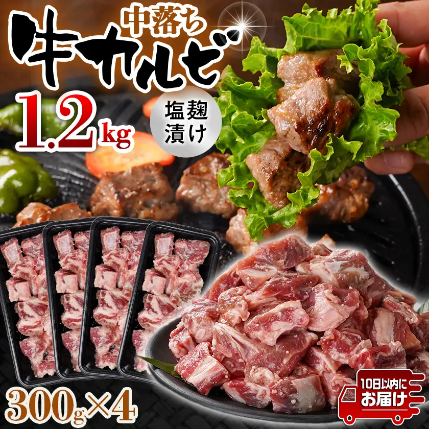 牛中落ちカルビ 塩麹タレ漬け1.2kg≪みやこんじょ特急便≫〔AAJ-33-020-1200g-Q〕_(都城市)  味付き牛中落ちカルビ 300g×4パック 真空 小分け 1200g