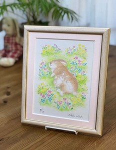 白木フレーム入り版画「お昼寝うさぎ」絵本作家おまたたかこジークレー版画