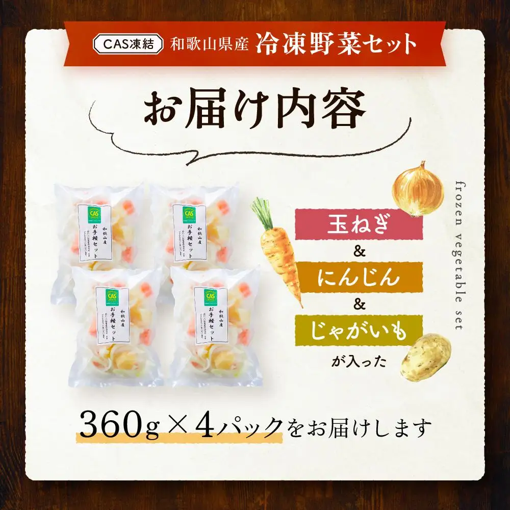 CAS凍結 和歌山県産 冷凍野菜セット 約360g × 4パック 合計 1440g カレー 肉じゃが 豚汁 などに便利