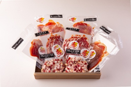 国産豚バラエティー生ハムセット（4種・8p）（計900g） 豚肉 肉加工品 豚モモ 豚バラ 肩肉 スライス 切り落とし パンチェッタ 短冊 コッパスライス サラダ おつまみ 小分け お祝い プレゼント 贈り物 贈答 詰め合わせ お中元 のし