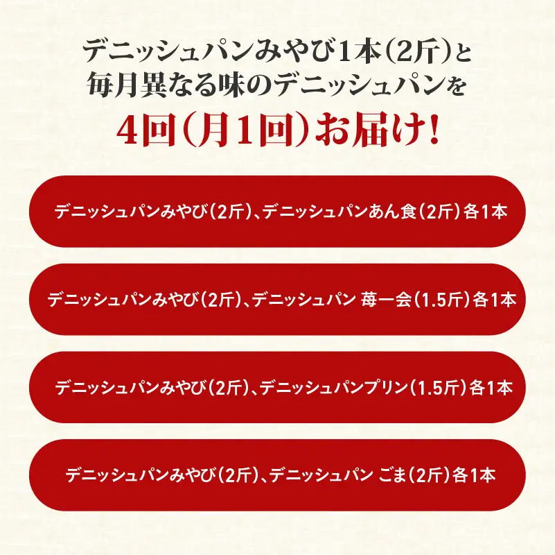 【 定期便 】 高級デニッシュ食パン 毎月食べ比べ ！ デニッシュパンみやび1本（2斤）と毎月異なる味のデニッシュパン[あん食・苺一会・プリン・ごま　のうち1本]（1.5～2斤）をお届け！【配達不可地域有】