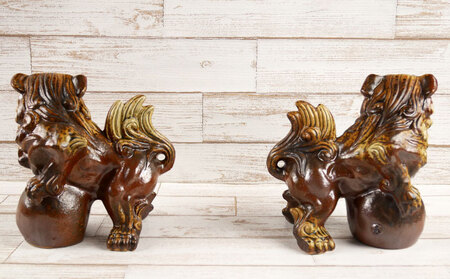 鋳込み　玉獅子　雌雄ペアセット【茶】　シーサー