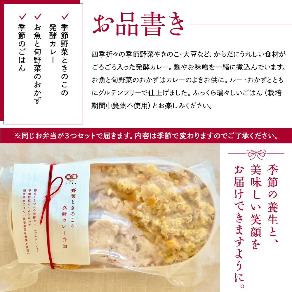 【冷凍】季節野菜ときのこの発酵カレー弁当3食セット 無添加 九州 福岡 国産食材 オーガニック | 食品 加工食品 人気 おすすめ 送料無料
