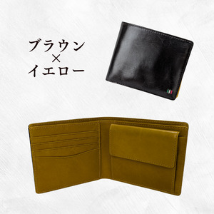 牛革　二つ折り財布　ステッチB（ブラウン×イエロー）